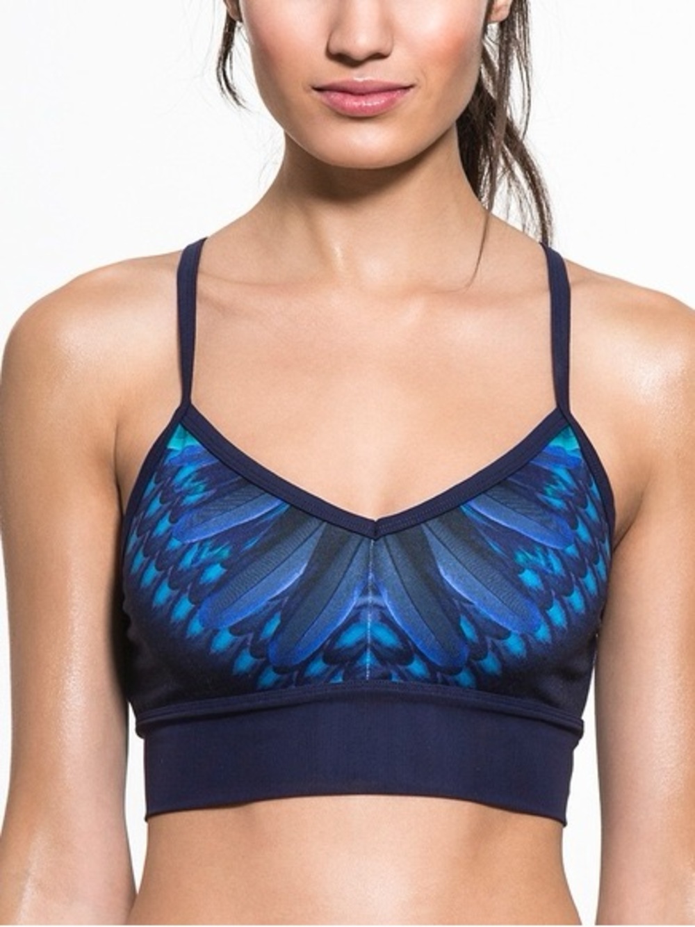 ALO Blue Feather-Print Sports Bra Size Small